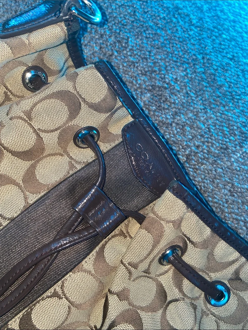Coach Signature Drawstring Bucket Bag in Brown and Tan